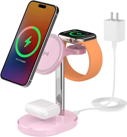 3 in 1 Wireless Charging Station,Detachable Apple Watch Charger & 15W Charger Stand for MagSafe for iPhone, Wireless Charger for Multiple Devices iPhone 16/15/14/13&Watch&AirPods（Yellow）