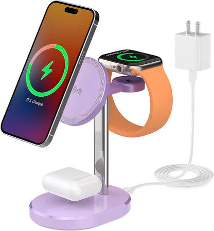 3 in 1 Wireless Charging Station,Detachable Apple Watch Charger & 15W Charger Stand for MagSafe for iPhone, Wireless Charger for Multiple Devices iPhone 16/15/14/13&Watch&AirPods（Yellow）