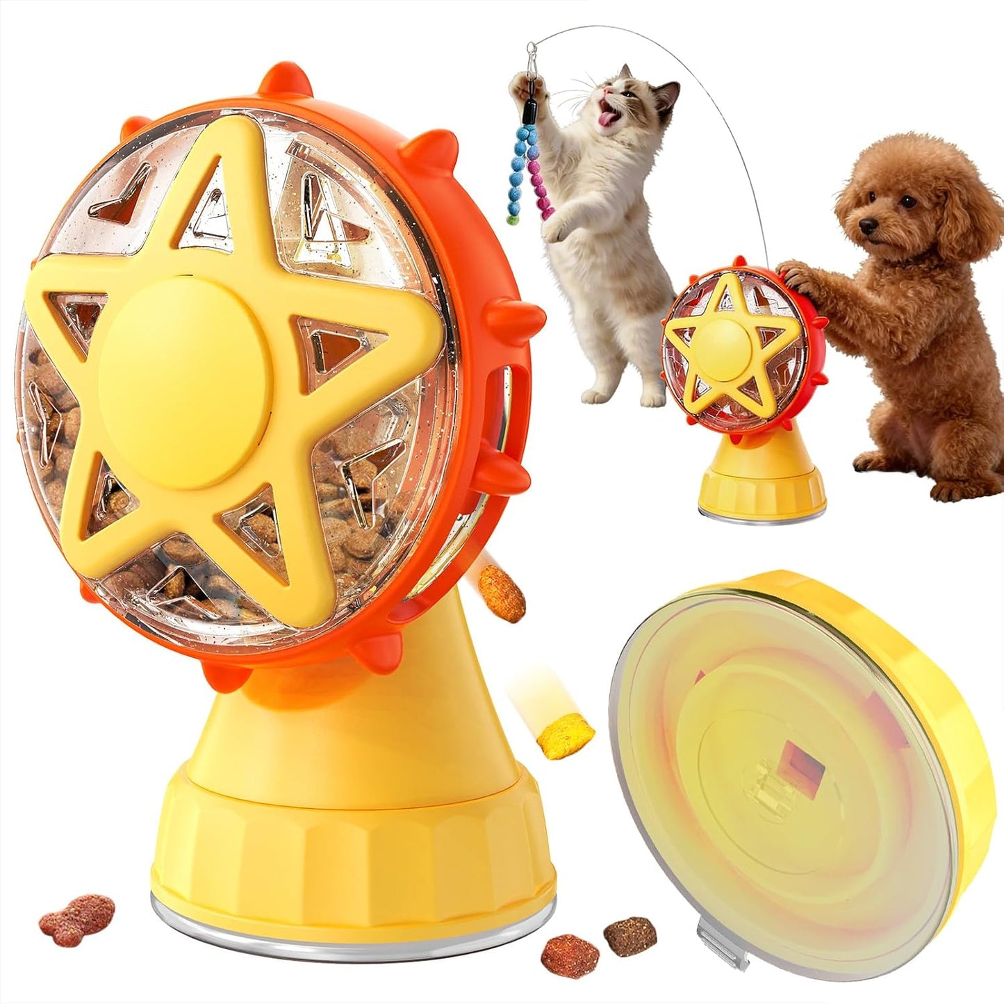2in-1 Cat Slow Feeder and Interactive Cat Puzzle Toy,Ferris Wheel Treat Dispenser with Strong Suction Cup Base and Adjustable Food Leakage Holes,Food-Grade BPA-Free PP Cat Toys (Yellow)