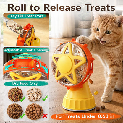 2in-1 Cat Slow Feeder and Interactive Cat Puzzle Toy,Ferris Wheel Treat Dispenser with Strong Suction Cup Base and Adjustable Food Leakage Holes,Food-Grade BPA-Free PP Cat Toys (Yellow)