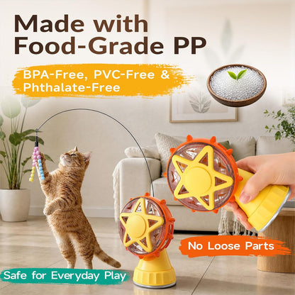 2in-1 Cat Slow Feeder and Interactive Cat Puzzle Toy,Ferris Wheel Treat Dispenser with Strong Suction Cup Base and Adjustable Food Leakage Holes,Food-Grade BPA-Free PP Cat Toys (Yellow)