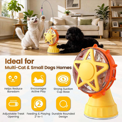 2in-1 Cat Slow Feeder and Interactive Cat Puzzle Toy,Ferris Wheel Treat Dispenser with Strong Suction Cup Base and Adjustable Food Leakage Holes,Food-Grade BPA-Free PP Cat Toys (Yellow)