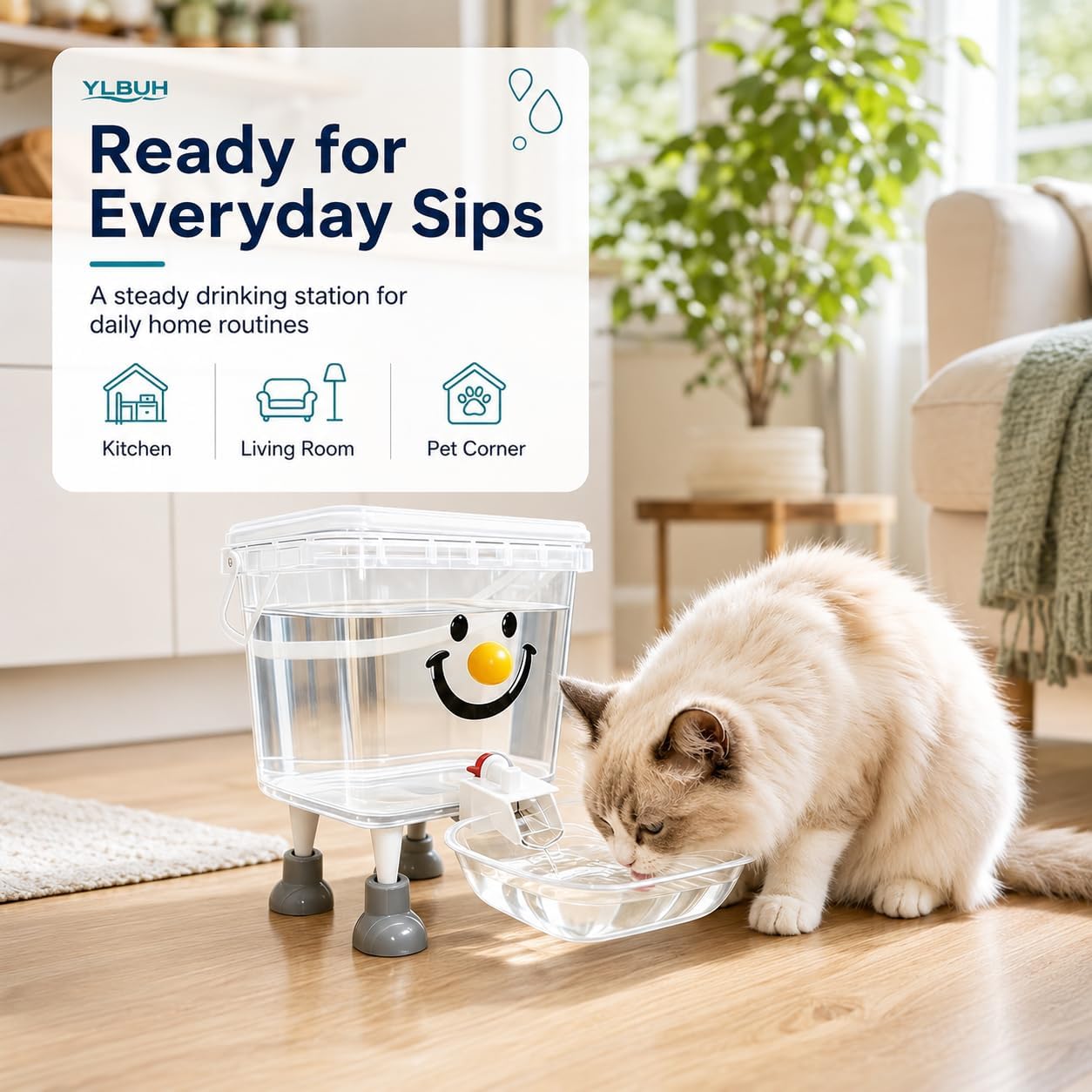 Pet Water Dispenser with Large Capacity, 5L Gravity Automatic Dog Water Dispenser, Transparent Tank Waterer with Raised Bowl for Cats and Dogs, Small to Medium Pets, Home Camping Outdoor (Yellow-3L)