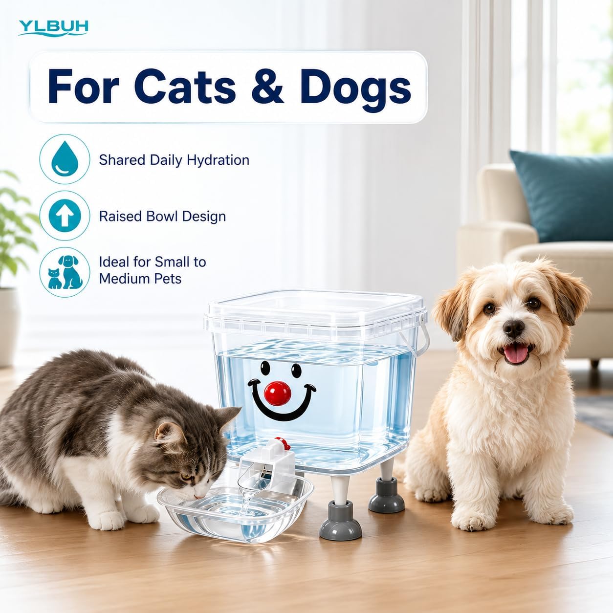 Pet Water Dispenser with Large Capacity, 5L Gravity Automatic Dog Water Dispenser, Transparent Tank Waterer with Raised Bowl for Cats and Dogs, Small to Medium Pets, Home Camping Outdoor (Yellow-3L)