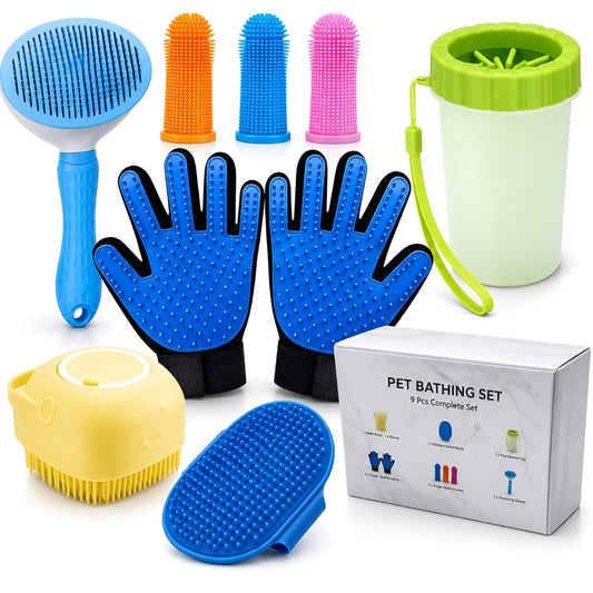 9PC Dog Grooming Kit for Bathing, Dog Paw Cleaner, Shampoo Dispenser Brush, Bath Scrubber & Massage Brush, Washing Gloves, Toothbrush Set, Complete Pet Bath Supplies for Dogs & Cats