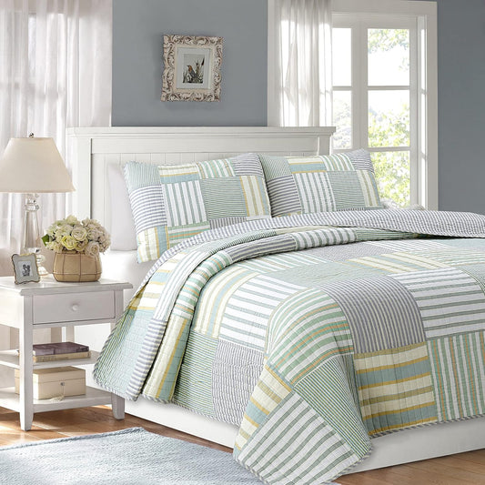 100% Cotton Real Patchwork Reversible Quilt Bedding Set, Green Yellow Blue Plaid Striped Coverlet Bedspread (Green Patchwork, Queen - 3 Piece)