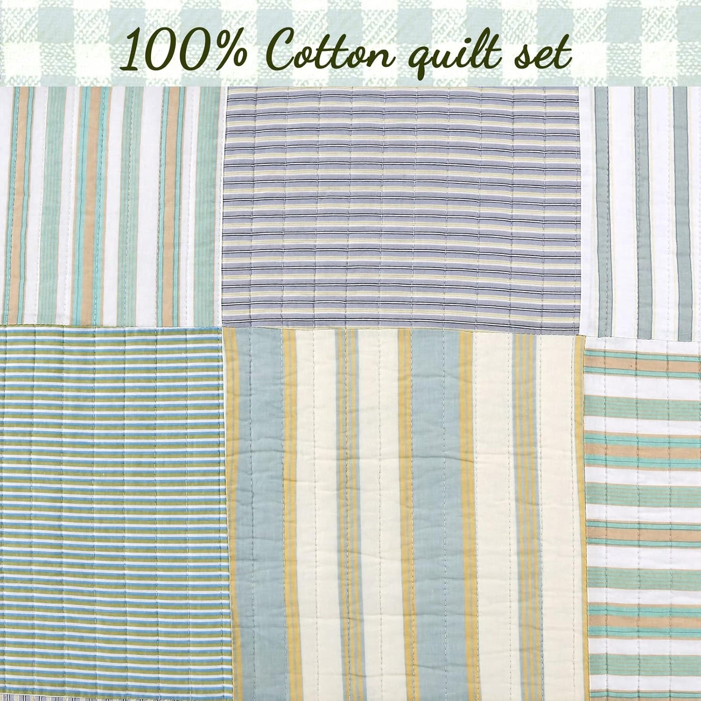 100% Cotton Real Patchwork Reversible Quilt Bedding Set, Green Yellow Blue Plaid Striped Coverlet Bedspread (Green Patchwork, Queen - 3 Piece)