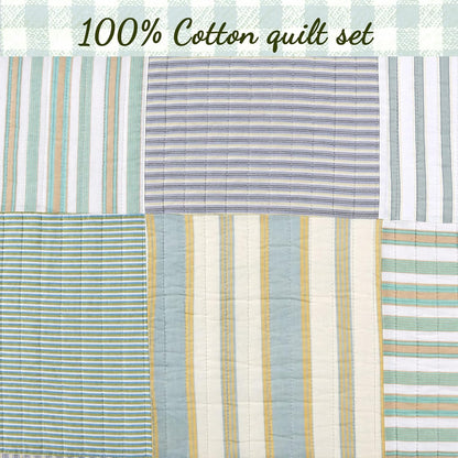 100% Cotton Real Patchwork Reversible Quilt Bedding Set, Green Yellow Blue Plaid Striped Coverlet Bedspread (Green Patchwork, Queen - 3 Piece)