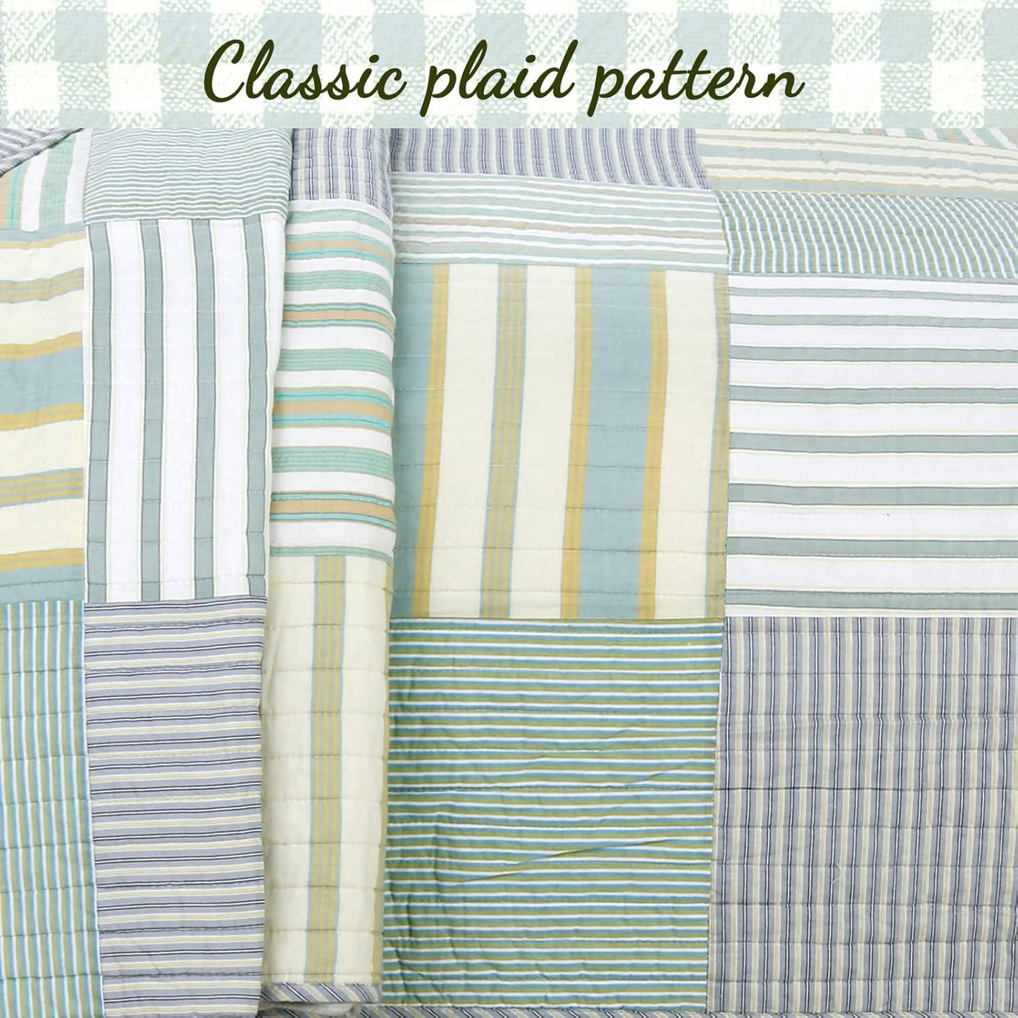 100% Cotton Real Patchwork Reversible Quilt Bedding Set, Green Yellow Blue Plaid Striped Coverlet Bedspread (Green Patchwork, Queen - 3 Piece)