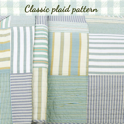 100% Cotton Real Patchwork Reversible Quilt Bedding Set, Green Yellow Blue Plaid Striped Coverlet Bedspread (Green Patchwork, Queen - 3 Piece)