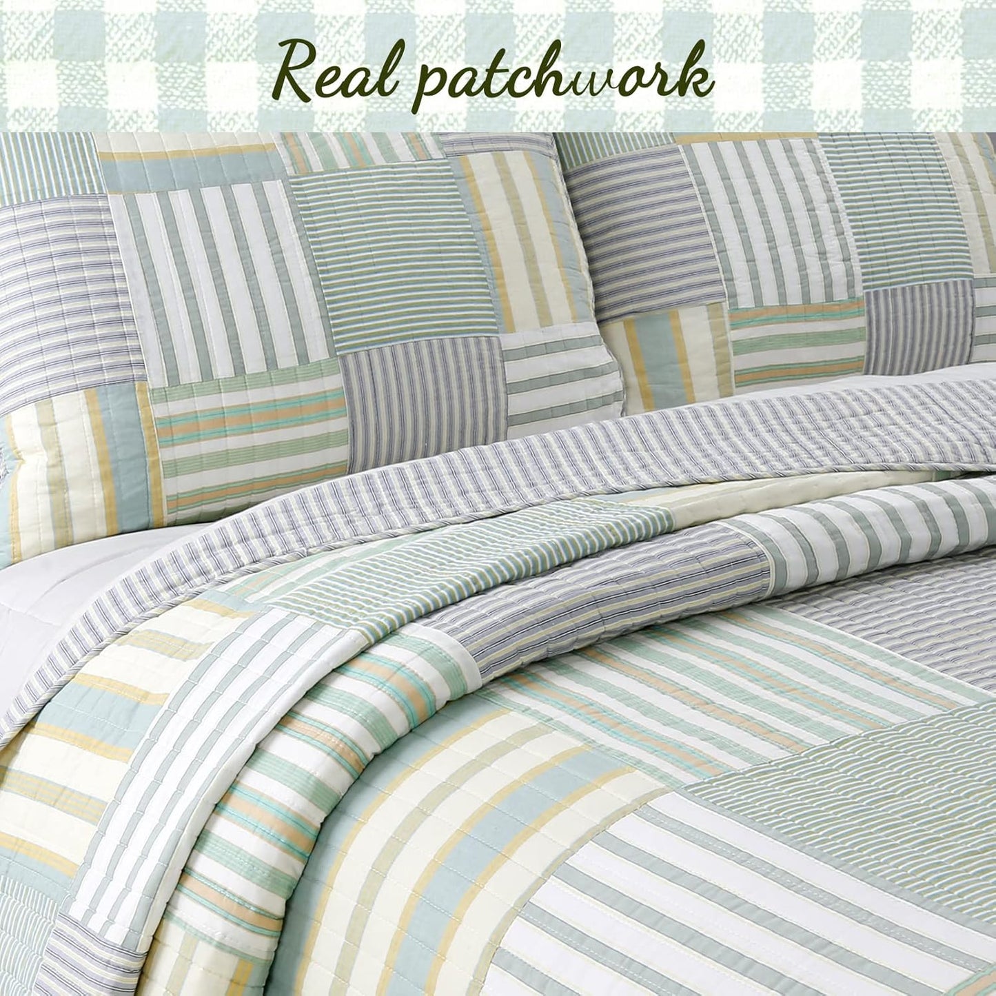 100% Cotton Real Patchwork Reversible Quilt Bedding Set, Green Yellow Blue Plaid Striped Coverlet Bedspread (Green Patchwork, Queen - 3 Piece)