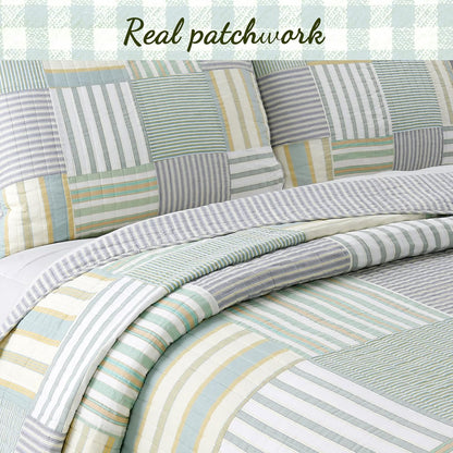 100% Cotton Real Patchwork Reversible Quilt Bedding Set, Green Yellow Blue Plaid Striped Coverlet Bedspread (Green Patchwork, Queen - 3 Piece)