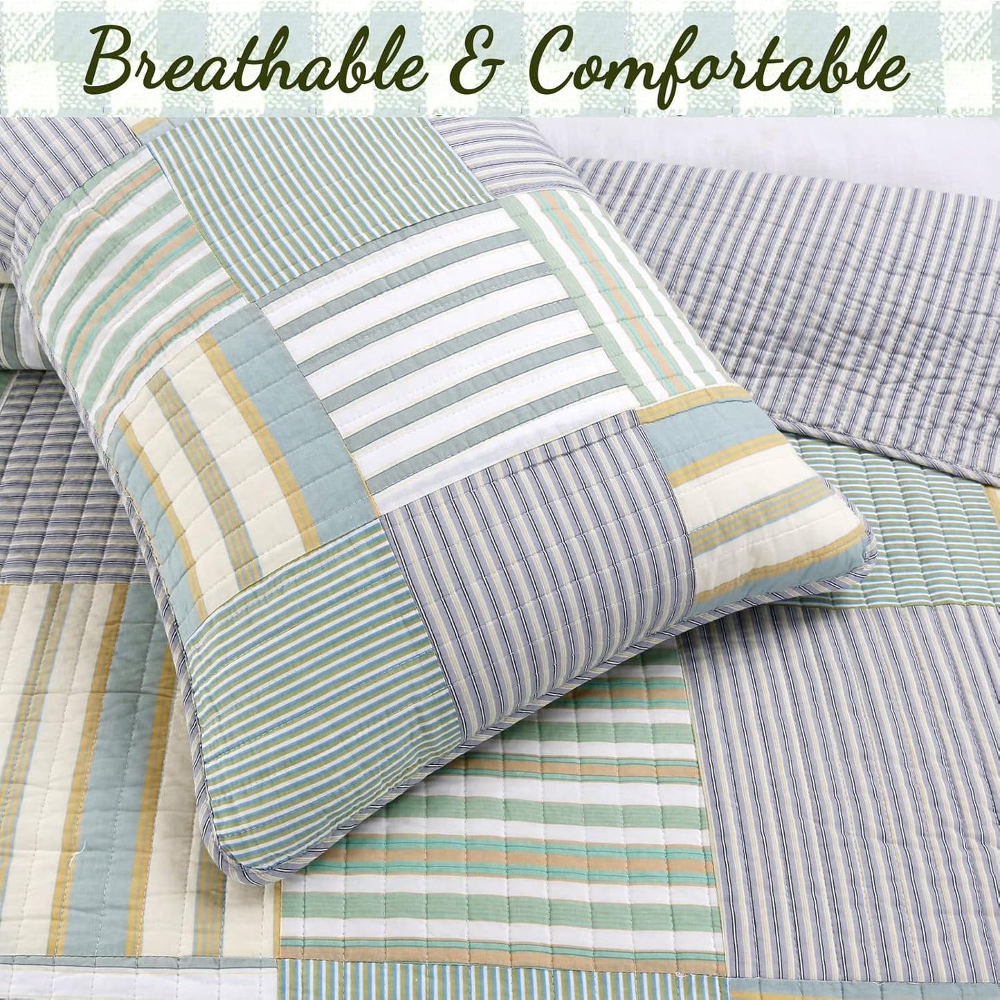 100% Cotton Real Patchwork Reversible Quilt Bedding Set, Green Yellow Blue Plaid Striped Coverlet Bedspread (Green Patchwork, Queen - 3 Piece)
