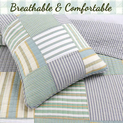 100% Cotton Real Patchwork Reversible Quilt Bedding Set, Green Yellow Blue Plaid Striped Coverlet Bedspread (Green Patchwork, Queen - 3 Piece)
