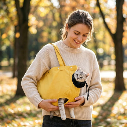 Cat Carrier Bag, Soft Pet Canvas Shoulder Carrying Pouch Hand Free Kitten Backpack with Holes for 5-11 lbs Small Dogs, Cats, and Pets Outdoor Travel, Yellow