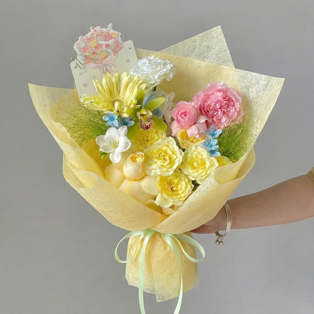 BBJ WRAPS Korean Cotton Wrapping Flower Paper Non-woven Waterproof Floral Bouquet Wraps Packaging Tissue Paper for Florist Supplies, 22.8x22.8 Inch - 15 Sheets (Yellow)