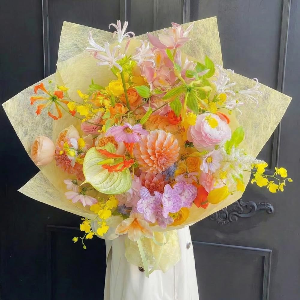 BBJ WRAPS Korean Cotton Wrapping Flower Paper Non-woven Waterproof Floral Bouquet Wraps Packaging Tissue Paper for Florist Supplies, 22.8x22.8 Inch - 15 Sheets (Yellow)