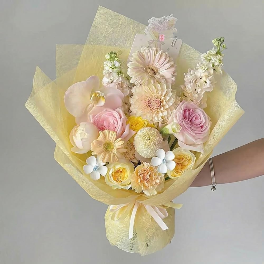 BBJ WRAPS Korean Cotton Wrapping Flower Paper Non-woven Waterproof Floral Bouquet Wraps Packaging Tissue Paper for Florist Supplies, 22.8x22.8 Inch - 15 Sheets (Yellow)