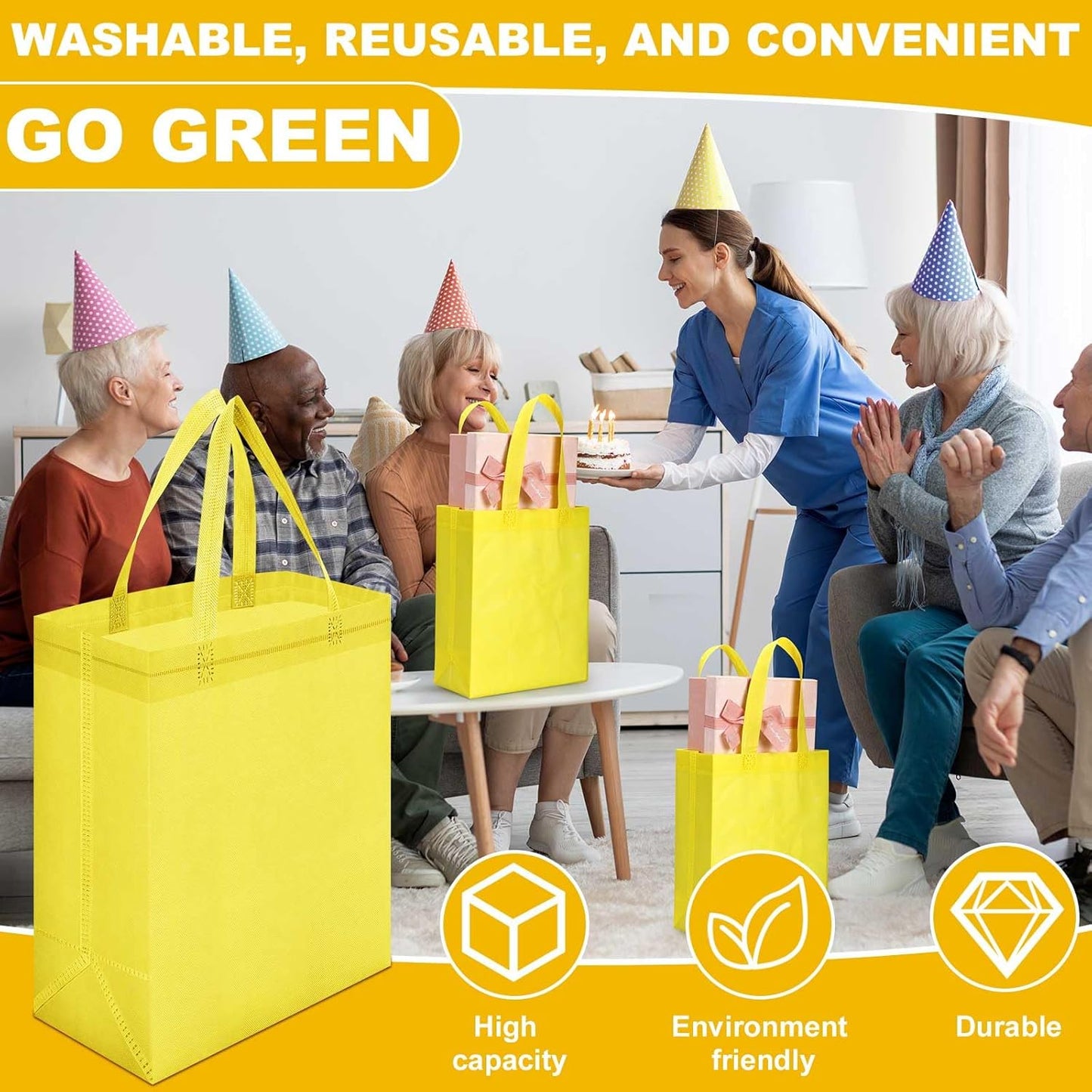 50 Pcs Reusable Tote Bag Bulk 8 x 4 x 10 Inch Non Woven Shopping Bag with Handle Reusable Portable Grocery Gift Tote (Light Yellow)