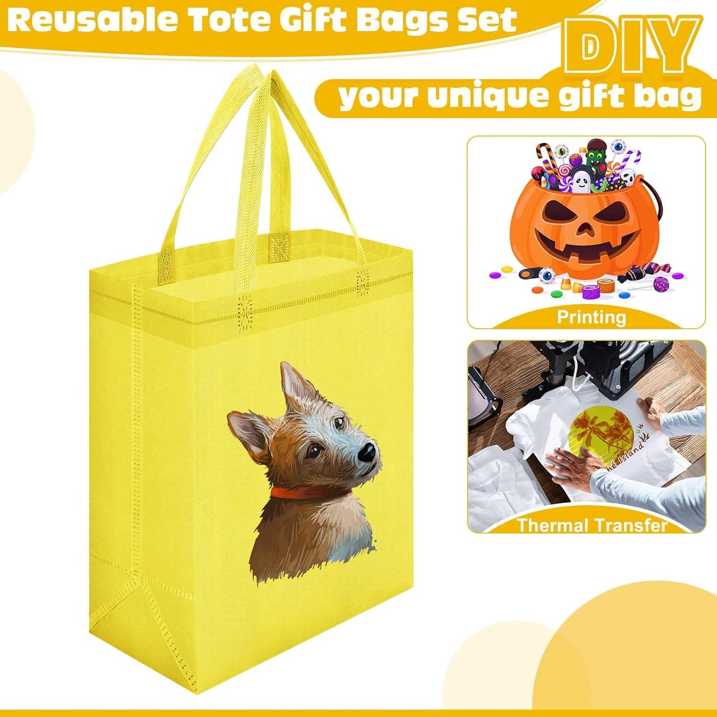 50 Pcs Reusable Tote Bag Bulk 8 x 4 x 10 Inch Non Woven Shopping Bag with Handle Reusable Portable Grocery Gift Tote (Light Yellow)