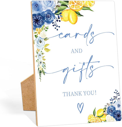 Floral Wedding Cards and Gifts Sign, Something Blue Bridal Shower Sign, Wooden Blue Lemon Bridal Shower Decorations, Party Supplies for Engagement Wedding Must Have for Reception and Ceremony, 43