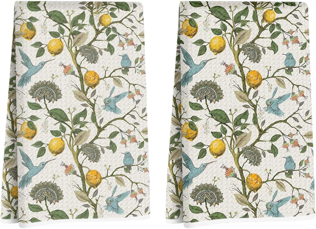2 Pcs Lemon Birds Kitchen Towels 14x24, Microfiber Dish Towels Reusable Hand Tea Towel for Cleaning Spring Absorbent Dishcloths Cute Home Decor Housewarming, Lemon Birds Gifts for Women Mom