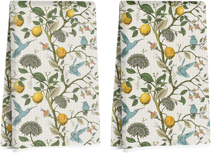 2 Pcs Lemon Birds Kitchen Towels 14x24, Microfiber Dish Towels Reusable Hand Tea Towel for Cleaning Spring Absorbent Dishcloths Cute Home Decor Housewarming, Lemon Birds Gifts for Women Mom