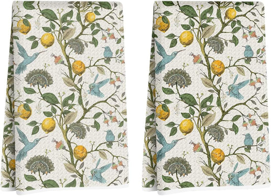 2 Pcs Lemon Birds Kitchen Towels 14x24, Microfiber Dish Towels Reusable Hand Tea Towel for Cleaning Spring Absorbent Dishcloths Cute Home Decor Housewarming, Lemon Birds Gifts for Women Mom