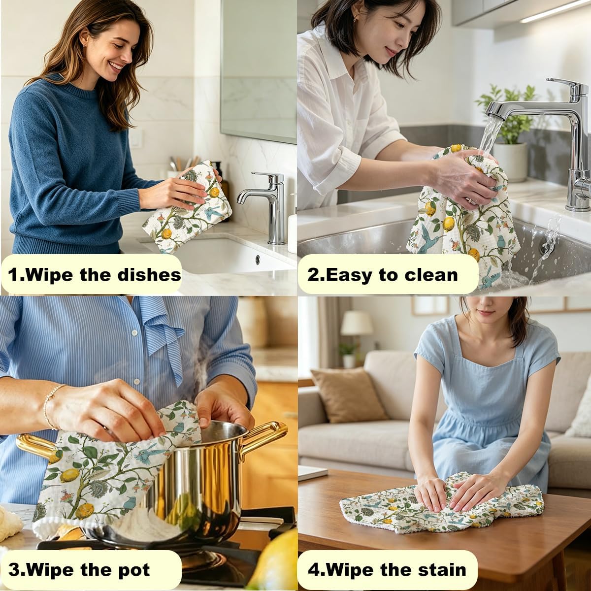 2 Pcs Lemon Birds Kitchen Towels 14x24, Microfiber Dish Towels Reusable Hand Tea Towel for Cleaning Spring Absorbent Dishcloths Cute Home Decor Housewarming, Lemon Birds Gifts for Women Mom