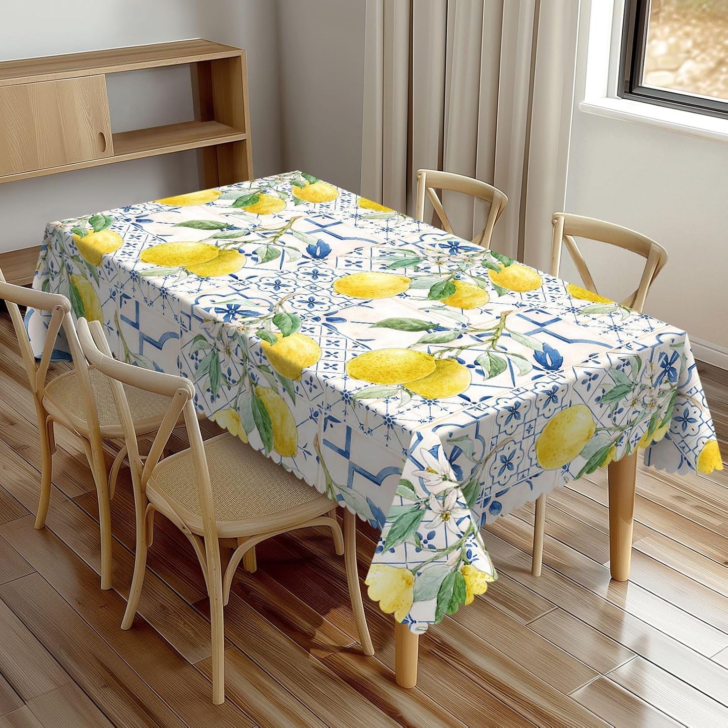 Lemons And Blue Tiles Tablecloth 54x72 Inches, Yellow Lemon Rectangular Polyester Table Cover with Wave Lace, Washable Dining Table Cloth for Kitchen, Party, Outdoor