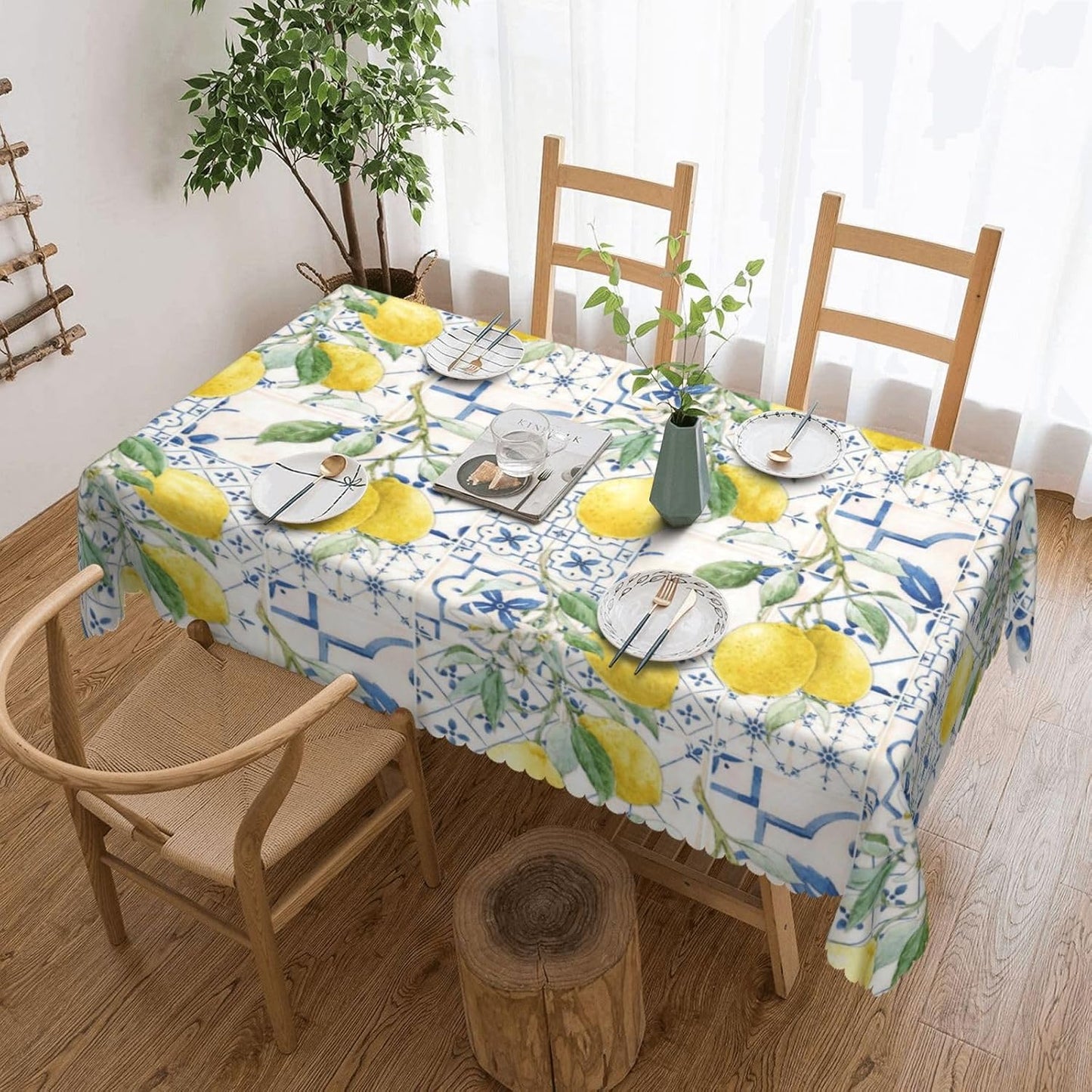 Lemons And Blue Tiles Tablecloth 54x72 Inches, Yellow Lemon Rectangular Polyester Table Cover with Wave Lace, Washable Dining Table Cloth for Kitchen, Party, Outdoor
