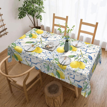 Lemons And Blue Tiles Tablecloth 54x72 Inches, Yellow Lemon Rectangular Polyester Table Cover with Wave Lace, Washable Dining Table Cloth for Kitchen, Party, Outdoor