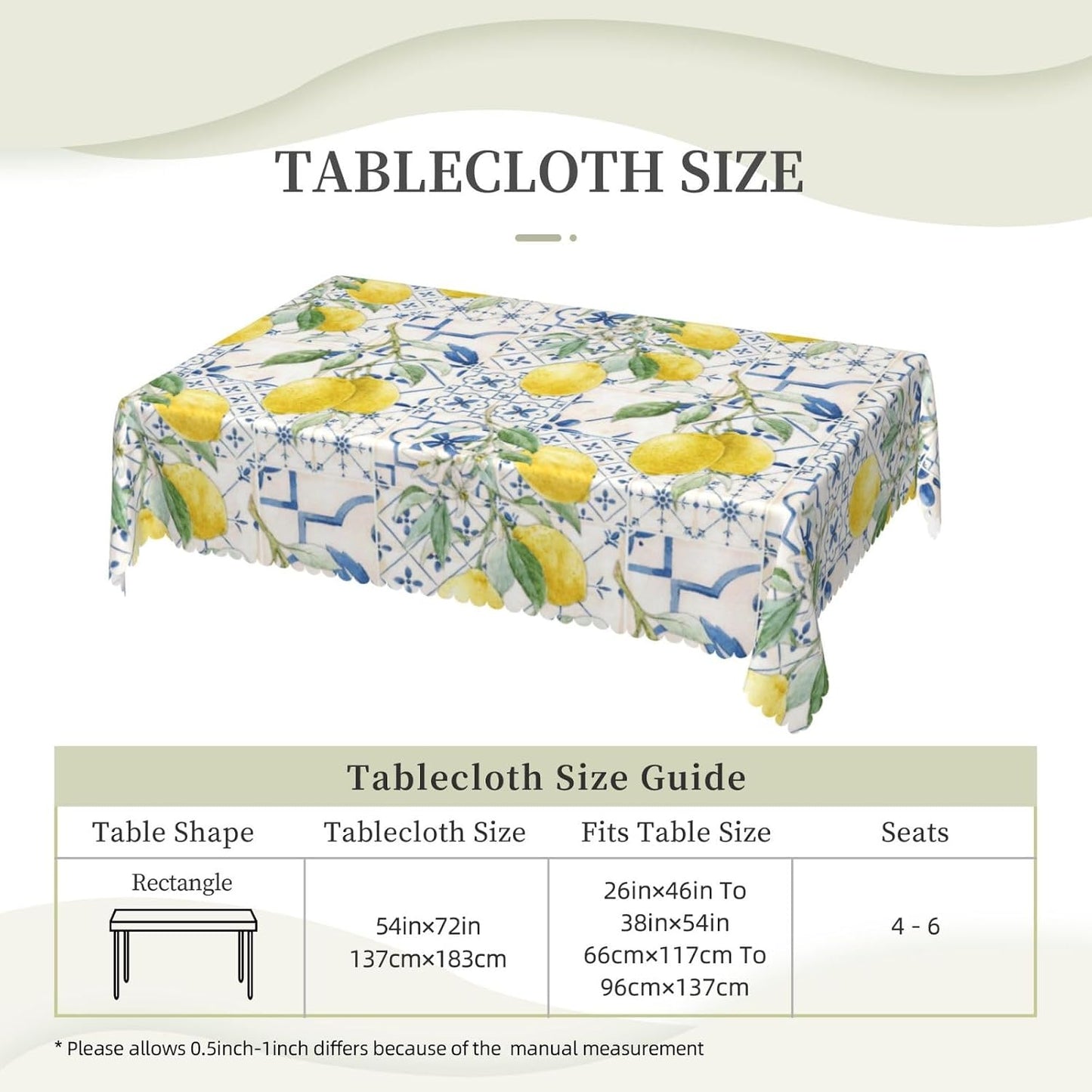 Lemons And Blue Tiles Tablecloth 54x72 Inches, Yellow Lemon Rectangular Polyester Table Cover with Wave Lace, Washable Dining Table Cloth for Kitchen, Party, Outdoor