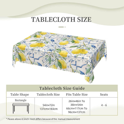 Lemons And Blue Tiles Tablecloth 54x72 Inches, Yellow Lemon Rectangular Polyester Table Cover with Wave Lace, Washable Dining Table Cloth for Kitchen, Party, Outdoor