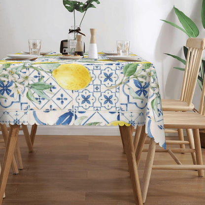 Lemons And Blue Tiles Tablecloth 54x72 Inches, Yellow Lemon Rectangular Polyester Table Cover with Wave Lace, Washable Dining Table Cloth for Kitchen, Party, Outdoor