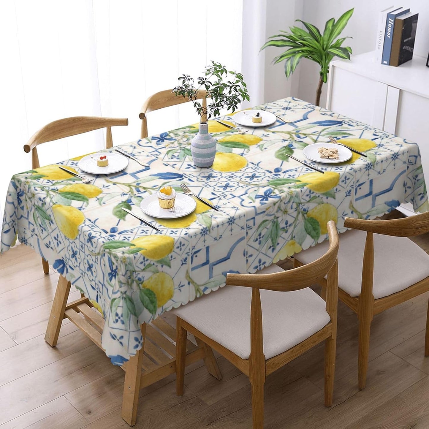 Lemons And Blue Tiles Tablecloth 54x72 Inches, Yellow Lemon Rectangular Polyester Table Cover with Wave Lace, Washable Dining Table Cloth for Kitchen, Party, Outdoor