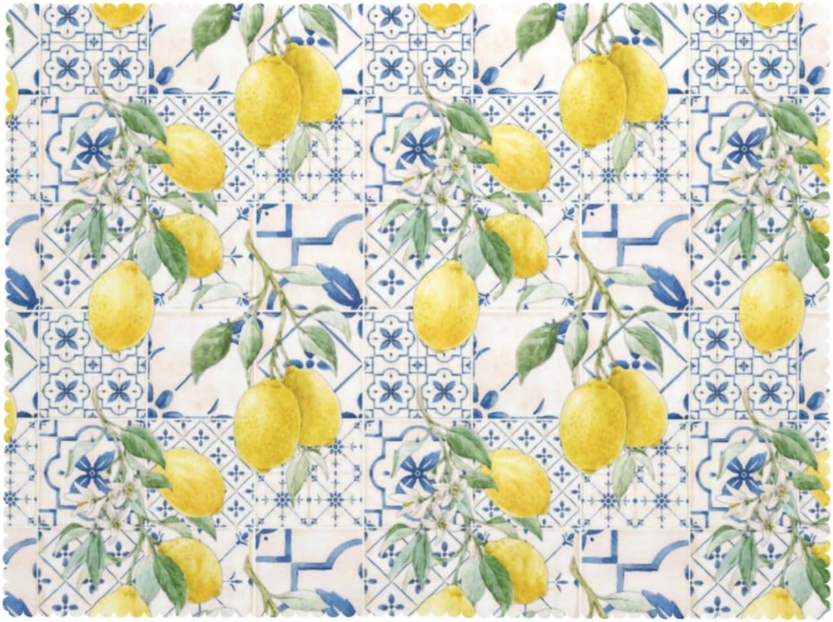 Lemons And Blue Tiles Tablecloth 54x72 Inches, Yellow Lemon Rectangular Polyester Table Cover with Wave Lace, Washable Dining Table Cloth for Kitchen, Party, Outdoor