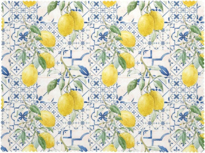 Lemons And Blue Tiles Tablecloth 54x72 Inches, Yellow Lemon Rectangular Polyester Table Cover with Wave Lace, Washable Dining Table Cloth for Kitchen, Party, Outdoor