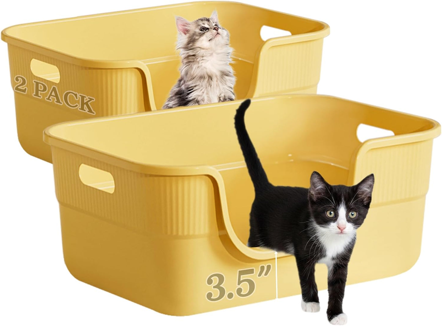 2 Pack Low Entry Kitty Litter Box for Small Cats, Kittens Litter Boxes with High Sides, Open Top, Anti-Splash Plastic Litter Pan for Medium Pets, Easy to Clean, 16.5" L*11.8" W*7" H (Yellow)