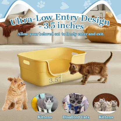 2 Pack Low Entry Kitty Litter Box for Small Cats, Kittens Litter Boxes with High Sides, Open Top, Anti-Splash Plastic Litter Pan for Medium Pets, Easy to Clean, 16.5" L*11.8" W*7" H (Yellow)