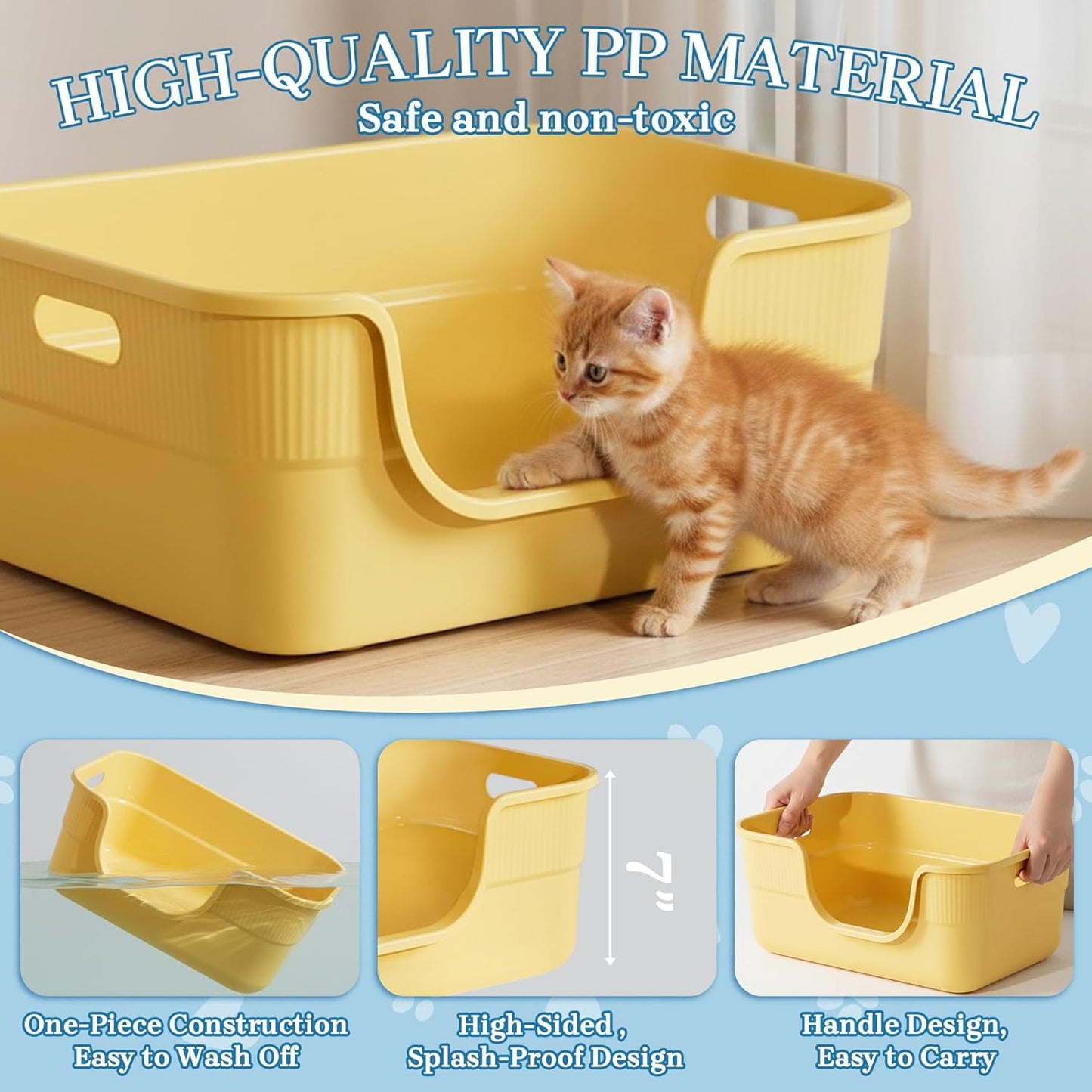 2 Pack Low Entry Kitty Litter Box for Small Cats, Kittens Litter Boxes with High Sides, Open Top, Anti-Splash Plastic Litter Pan for Medium Pets, Easy to Clean, 16.5" L*11.8" W*7" H (Yellow)