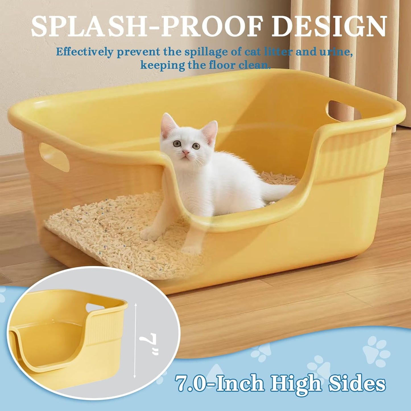 2 Pack Low Entry Kitty Litter Box for Small Cats, Kittens Litter Boxes with High Sides, Open Top, Anti-Splash Plastic Litter Pan for Medium Pets, Easy to Clean, 16.5" L*11.8" W*7" H (Yellow)