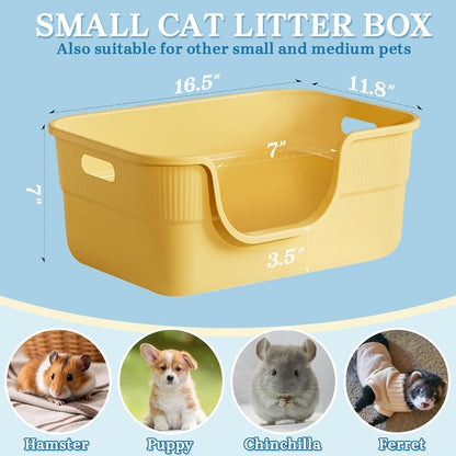 2 Pack Low Entry Kitty Litter Box for Small Cats, Kittens Litter Boxes with High Sides, Open Top, Anti-Splash Plastic Litter Pan for Medium Pets, Easy to Clean, 16.5" L*11.8" W*7" H (Yellow)