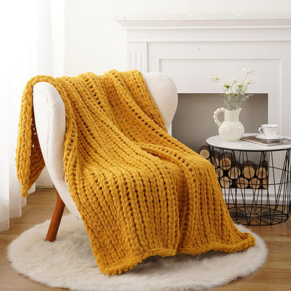 Battilo Mustard Yellow Chunky Knit Throw Blanket, Soft and Thick Chenille Throw Blanket, 50"x60" Handmade Cable Knit Crochet Blanket, Rope Knot Knitted Fall Throw Blankets for Couch Home Decor