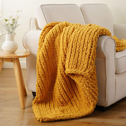 Battilo Mustard Yellow Chunky Knit Throw Blanket, Soft and Thick Chenille Throw Blanket, 50"x60" Handmade Cable Knit Crochet Blanket, Rope Knot Knitted Fall Throw Blankets for Couch Home Decor
