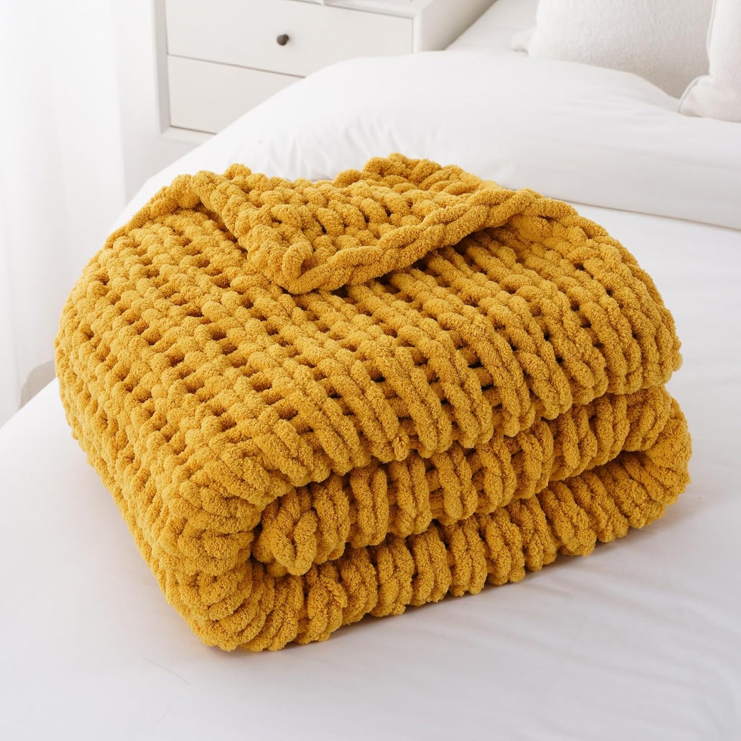 Battilo Mustard Yellow Chunky Knit Throw Blanket, Soft and Thick Chenille Throw Blanket, 50"x60" Handmade Cable Knit Crochet Blanket, Rope Knot Knitted Fall Throw Blankets for Couch Home Decor