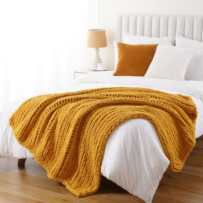 Battilo Mustard Yellow Chunky Knit Throw Blanket, Soft and Thick Chenille Throw Blanket, 50"x60" Handmade Cable Knit Crochet Blanket, Rope Knot Knitted Fall Throw Blankets for Couch Home Decor
