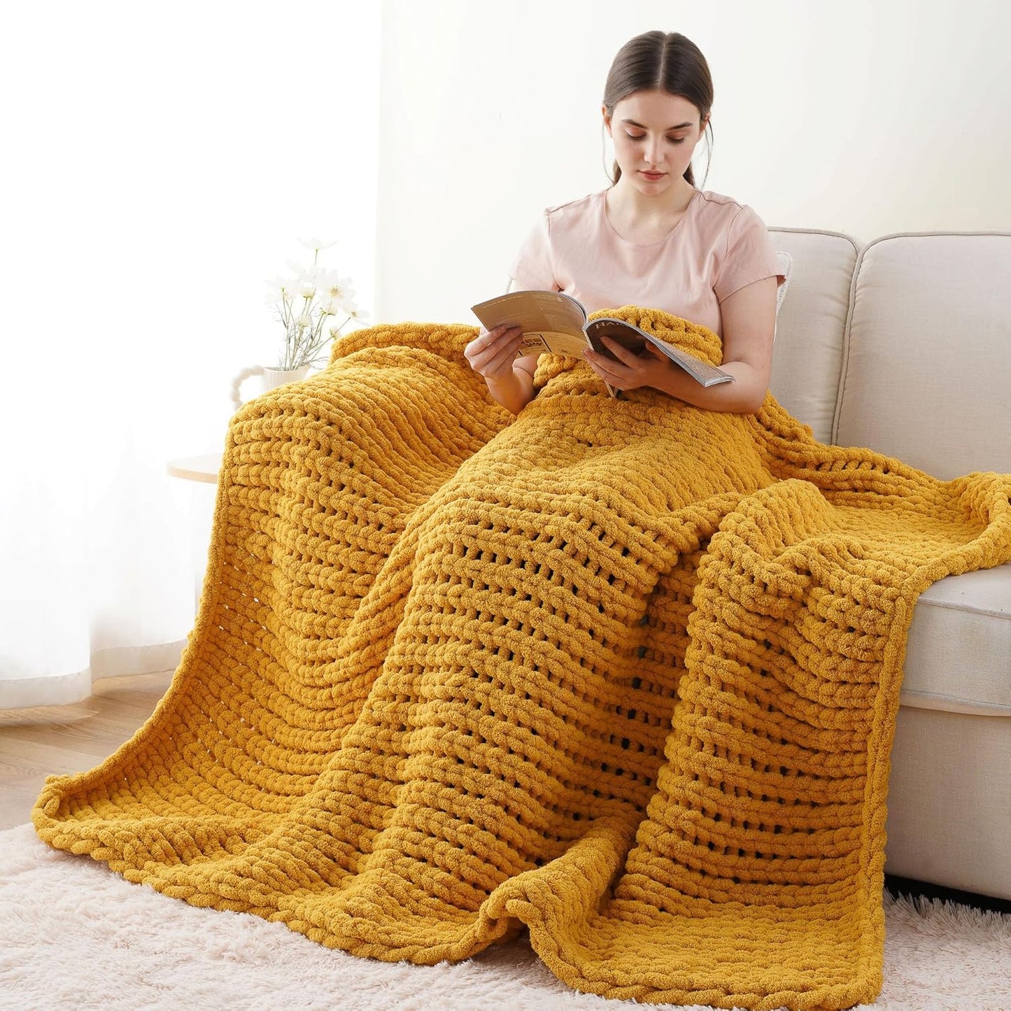 Battilo Mustard Yellow Chunky Knit Throw Blanket, Soft and Thick Chenille Throw Blanket, 50"x60" Handmade Cable Knit Crochet Blanket, Rope Knot Knitted Fall Throw Blankets for Couch Home Decor