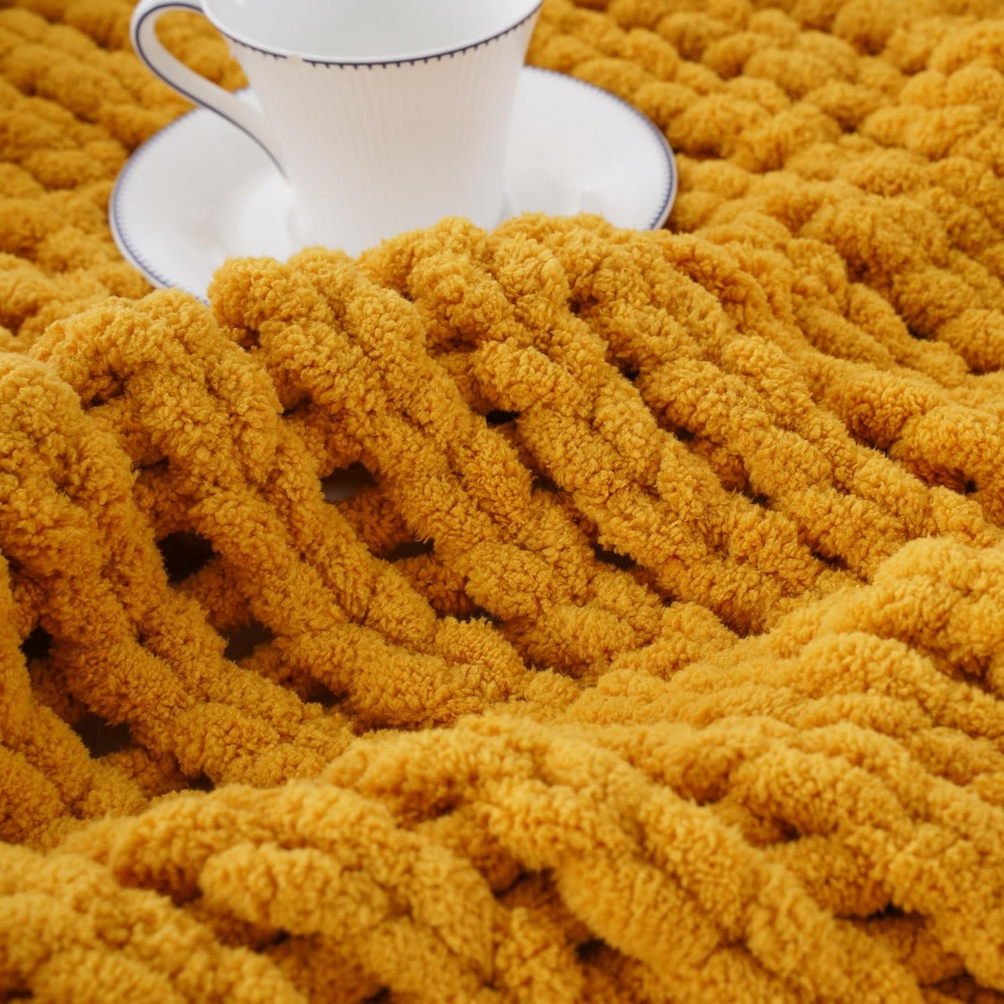 Battilo Mustard Yellow Chunky Knit Throw Blanket, Soft and Thick Chenille Throw Blanket, 50"x60" Handmade Cable Knit Crochet Blanket, Rope Knot Knitted Fall Throw Blankets for Couch Home Decor