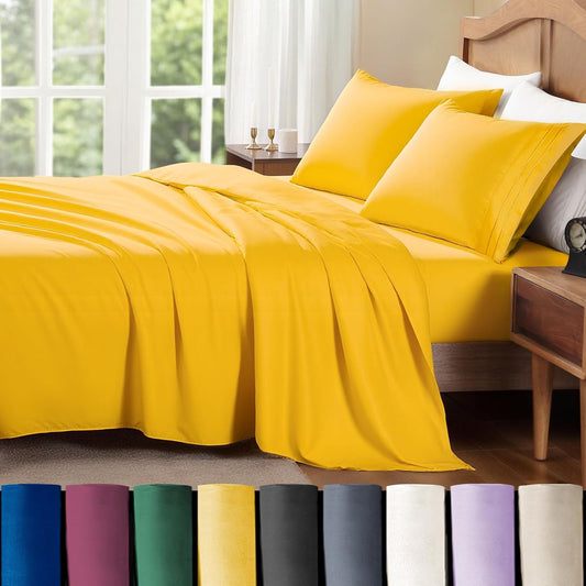 Queen Sheet Set, 4-Piece Bed Sheets for Queen Size Bed, Lightweight & Super Soft Easy Care Microfiber– Shrinkage & Fade Resistant Bedding Set with 14'' Deep Pockets (Mustard)